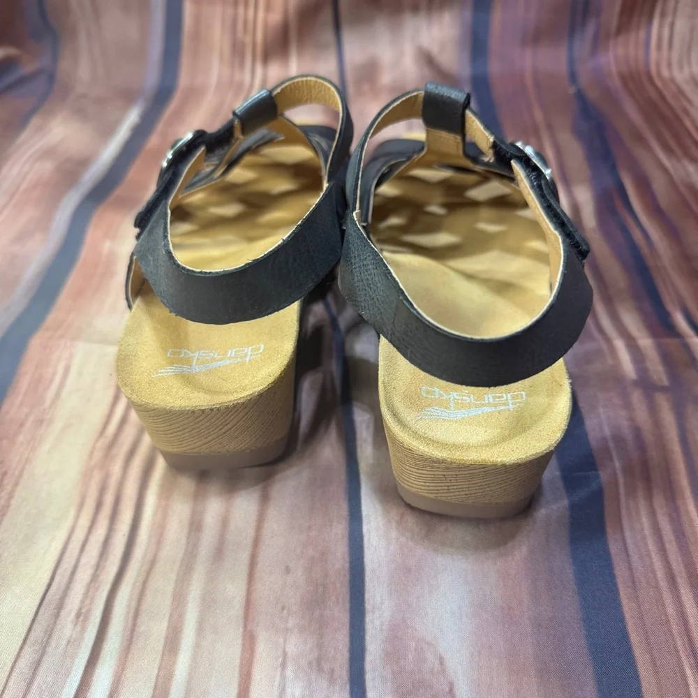 Dansko Black Leather Woven T-Strap Sandals - Picture 3 of 5